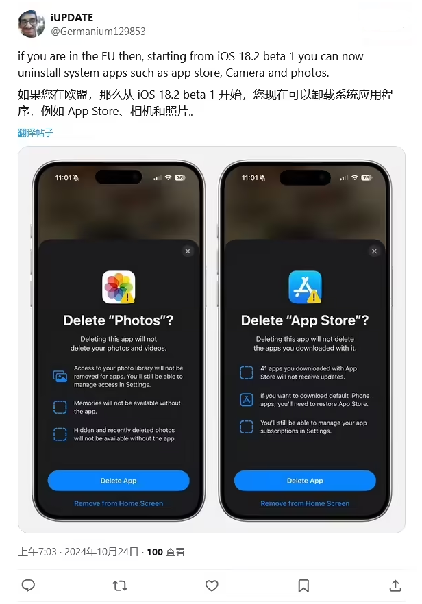 云霄苹果手机维修分享iOS 18.2 支持删除 App Store 应用商店 